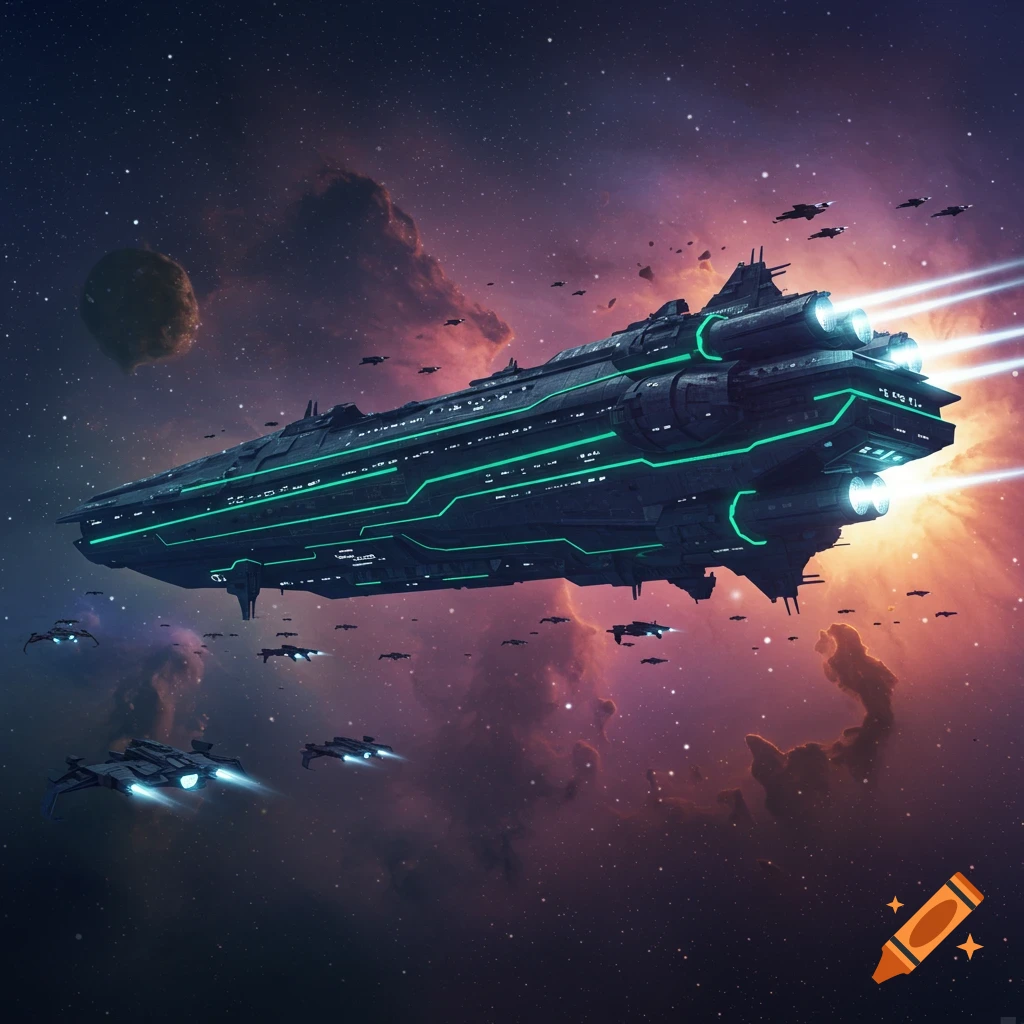 A large star cruiser flies through space surrounded by smaller ships.