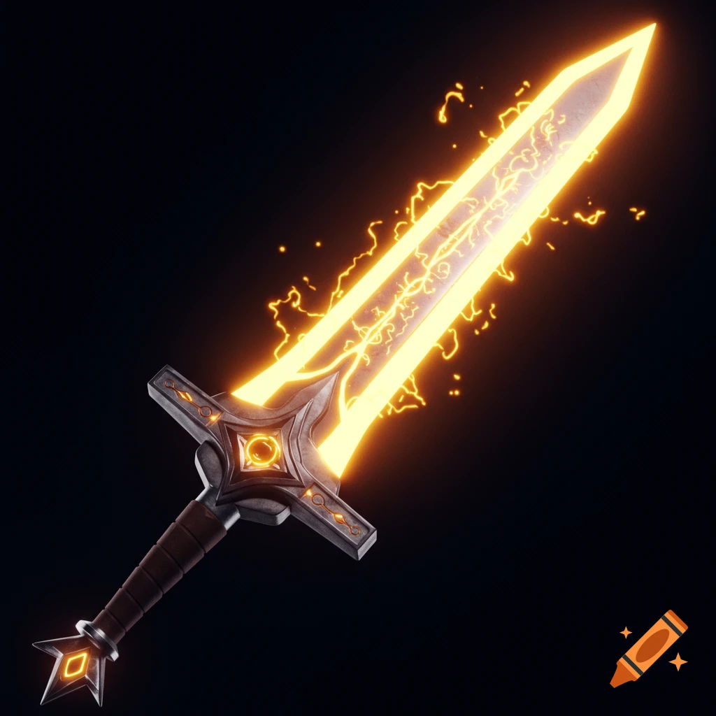 A glowing fantasy sword with intricate runes and lightning effects on a black background.