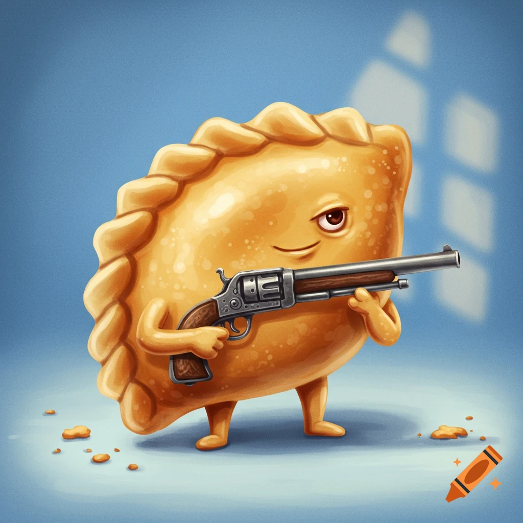 A cartoon pierogi character holding a gun