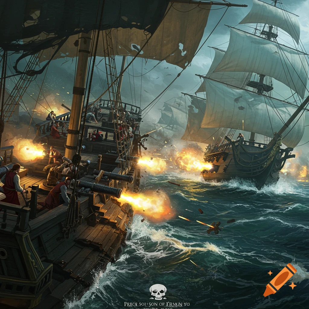 A pirate ship battles a British ship with cannons firing in a stormy sea.