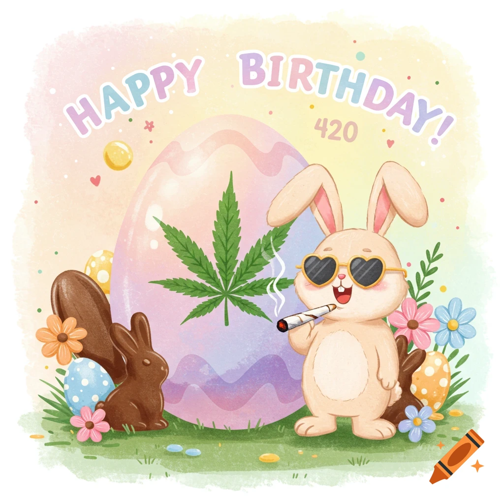 Watercolor illustration of a bunny with heart sunglasses smoking a joint, an Easter egg with a cannabis leaf, chocolate bunnies, and flowers with 'Happy Birthday! 420' text.