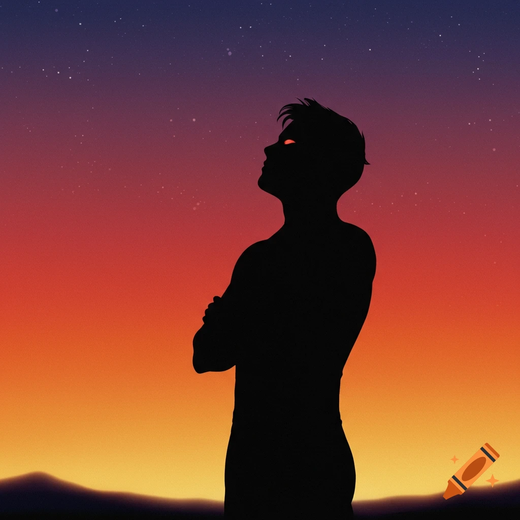 Silhouette of a person with crossed arms looking up at a starry sky at sunset.