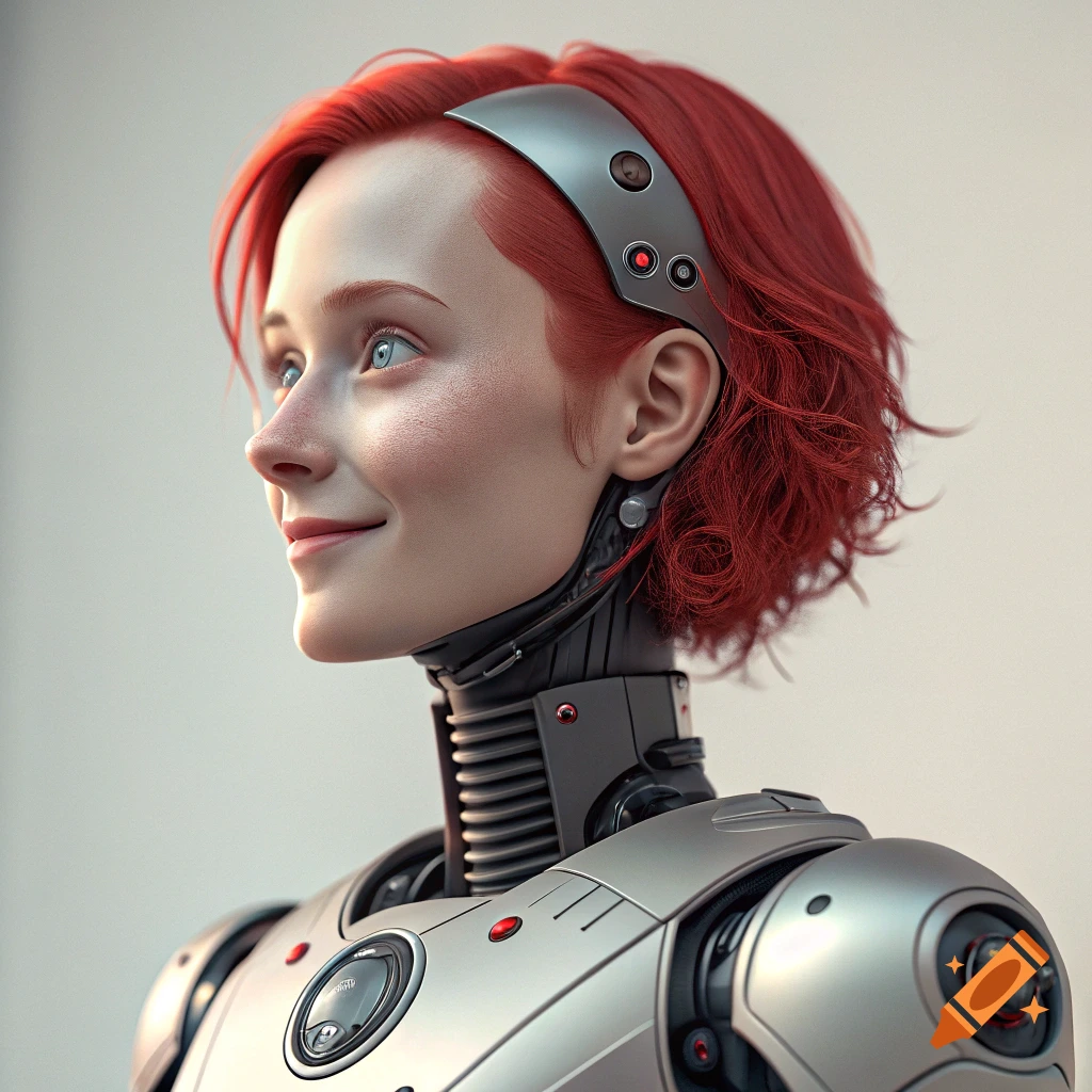 Close-up portrait of a female-presenting robot with a human face and red hair.