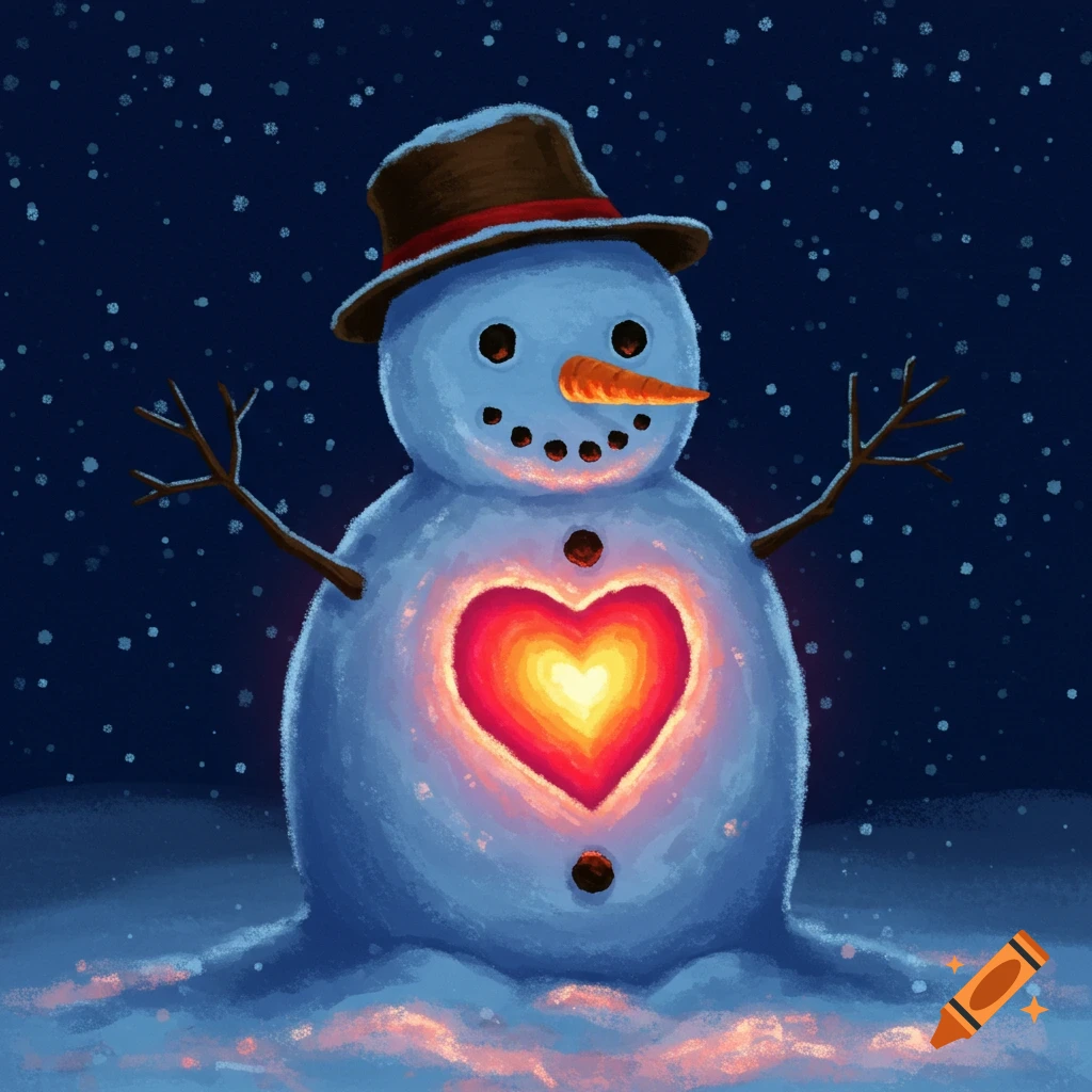 A snowman with a glowing heart in its chest stands in the snow under a starry night.
