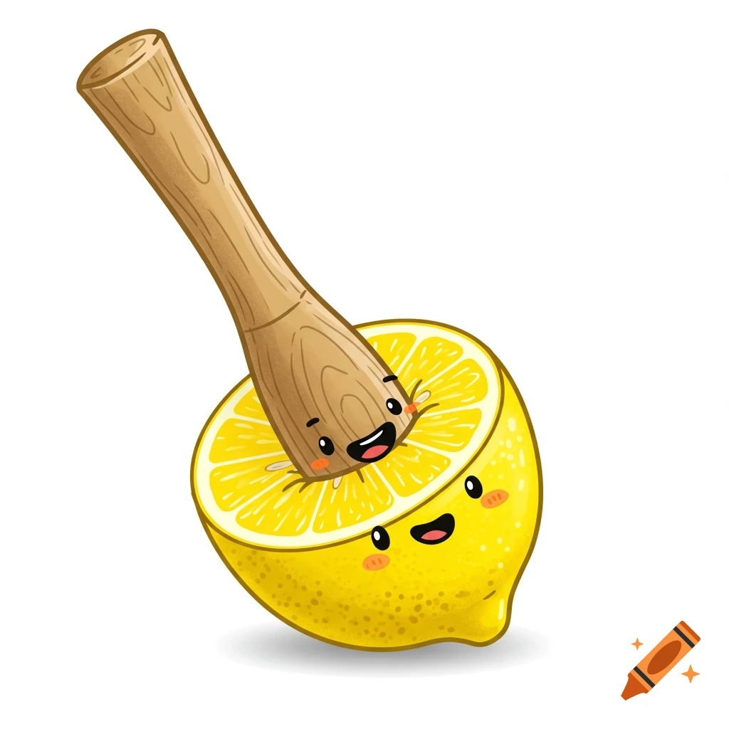 Cartoon illustration of a happy lemon being muddled by a smiling wooden tool