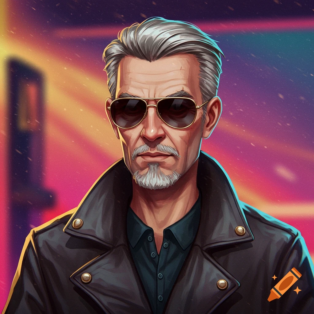 An older man with grey hair and sunglasses is wearing a leather jacket against a colorful sky.