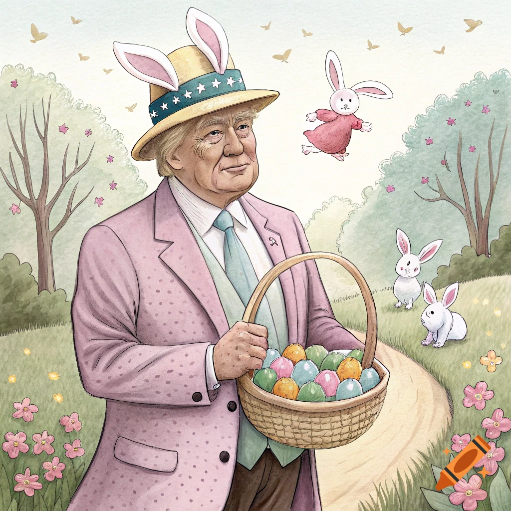 Watercolor illustration of Donald Trump in a pink suit and bunny ears holding an Easter basket with bunnies in a park.