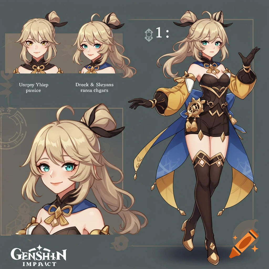 Genshin Impact style character sheet of a blonde girl in blue and gold outfit with multiple poses.