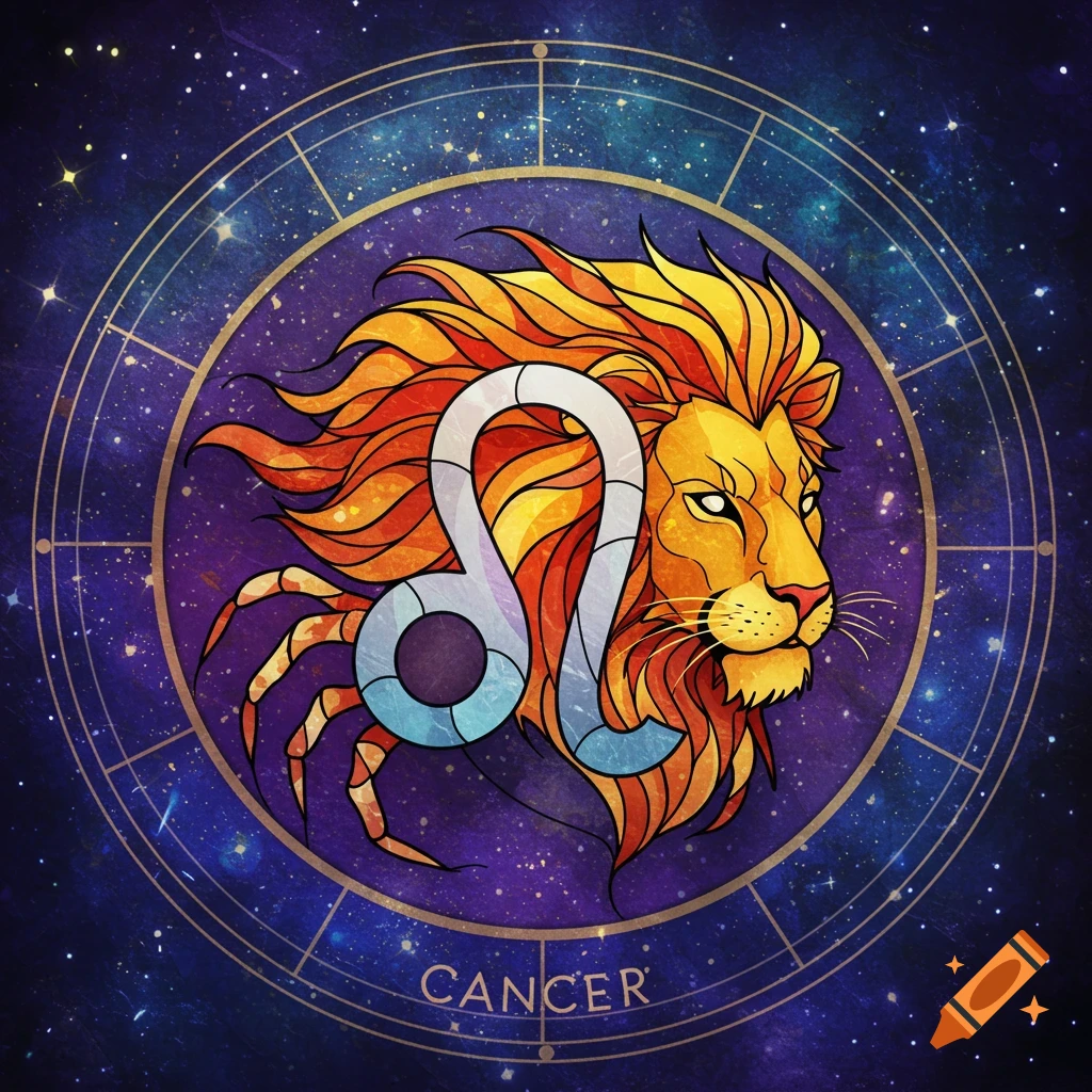 Stylized lion head and Leo zodiac symbol within celestial circle on starry background, text CANCER