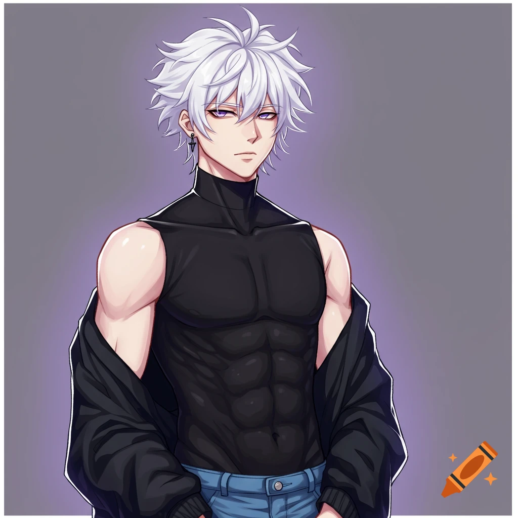 Anime drawing of a male character with white messy hair, purple eyes, wearing a black sleeveless shirt, jeans, and an open jacket.