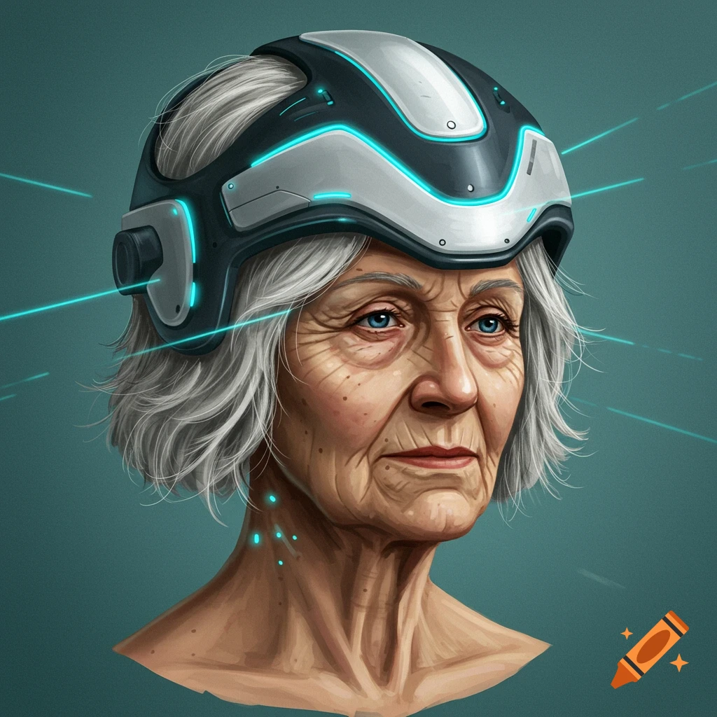 An elderly person wearing a futuristic helmet with blue glowing lights.