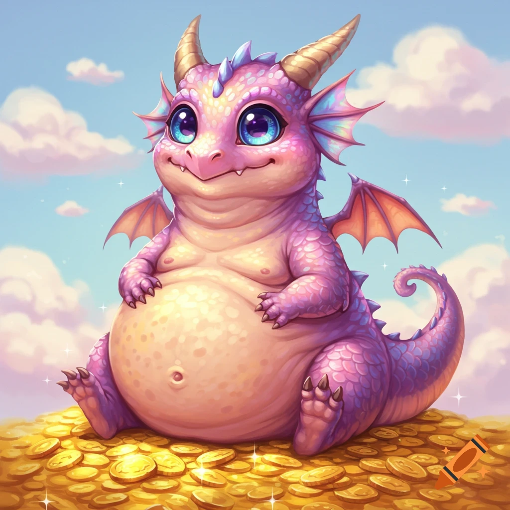 A cute, chubby purple dragon sits on a pile of gold coins.