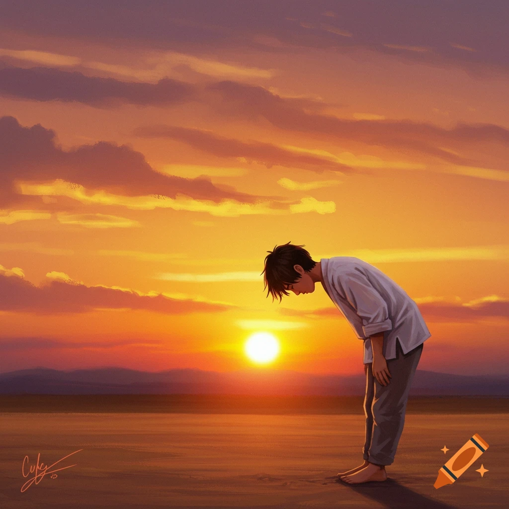 A person bowing towards the sun on a beach at sunset.