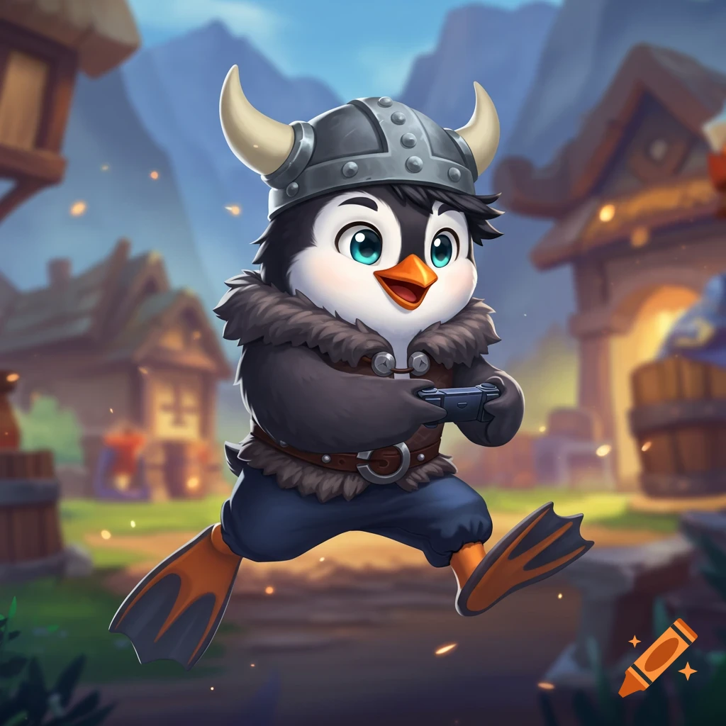 A cute cartoon penguin dressed as a viking runs and holds a game controller in a fantasy village.