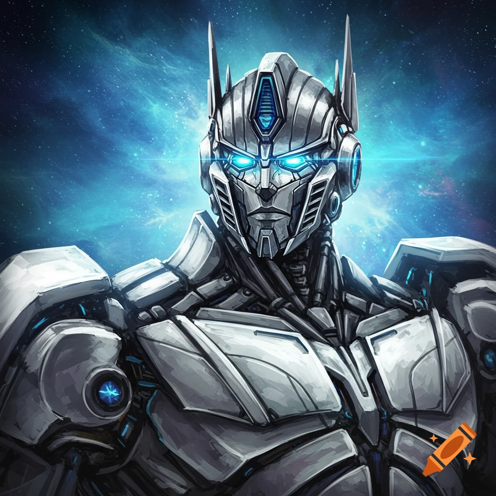 Detailed silver and blue robot head with glowing eyes against a starry nebula background.