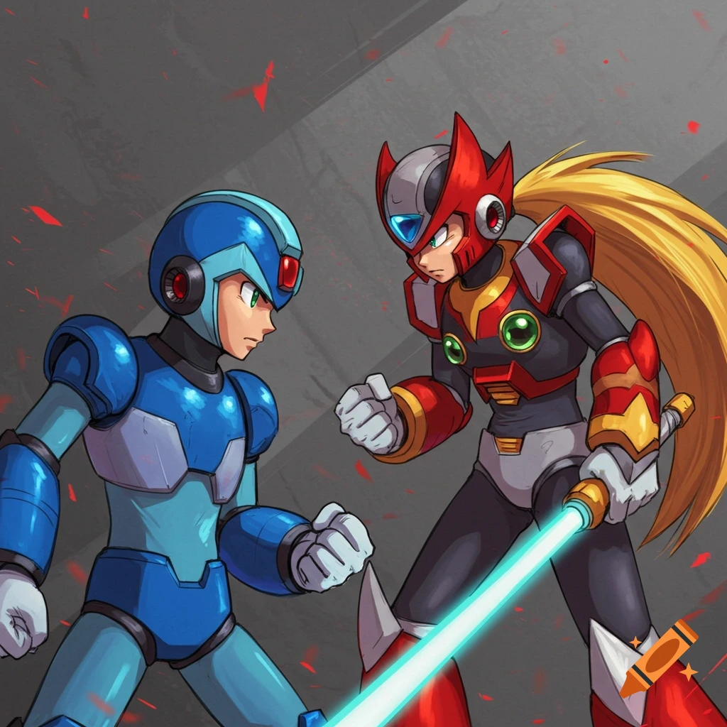 Mega Man X and Zero face each other, Zero holding a lightsaber-like weapon.