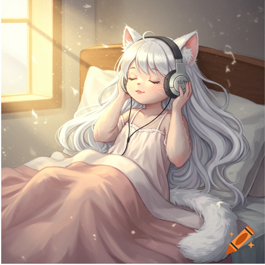 Anime catgirl in bed listening to music with headphones