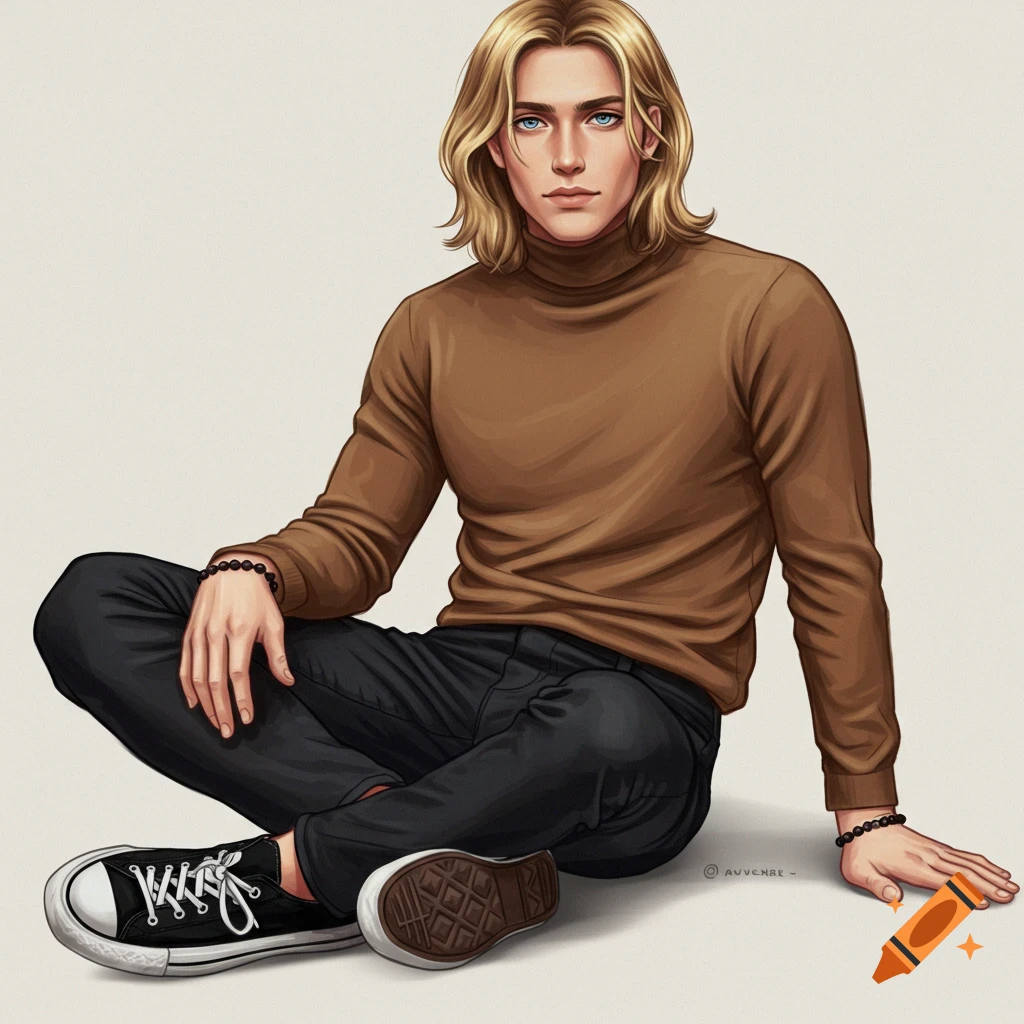 A man with long blonde hair and blue eyes sits on the floor, wearing a brown turtleneck and black jeans.