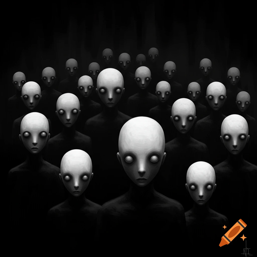 A dark crowd of figures with pale, featureless faces and large, dark eyes are staring forward.