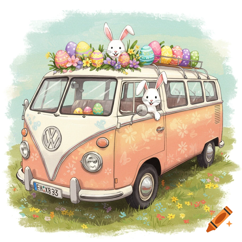 Watercolor illustration of a vintage VW bus loaded with Easter eggs, with two bunnies.