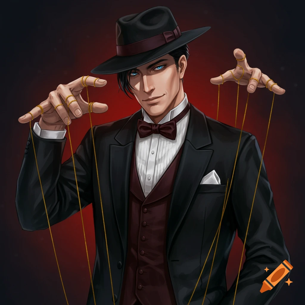 A man in a tuxedo and fedora holds puppet strings.