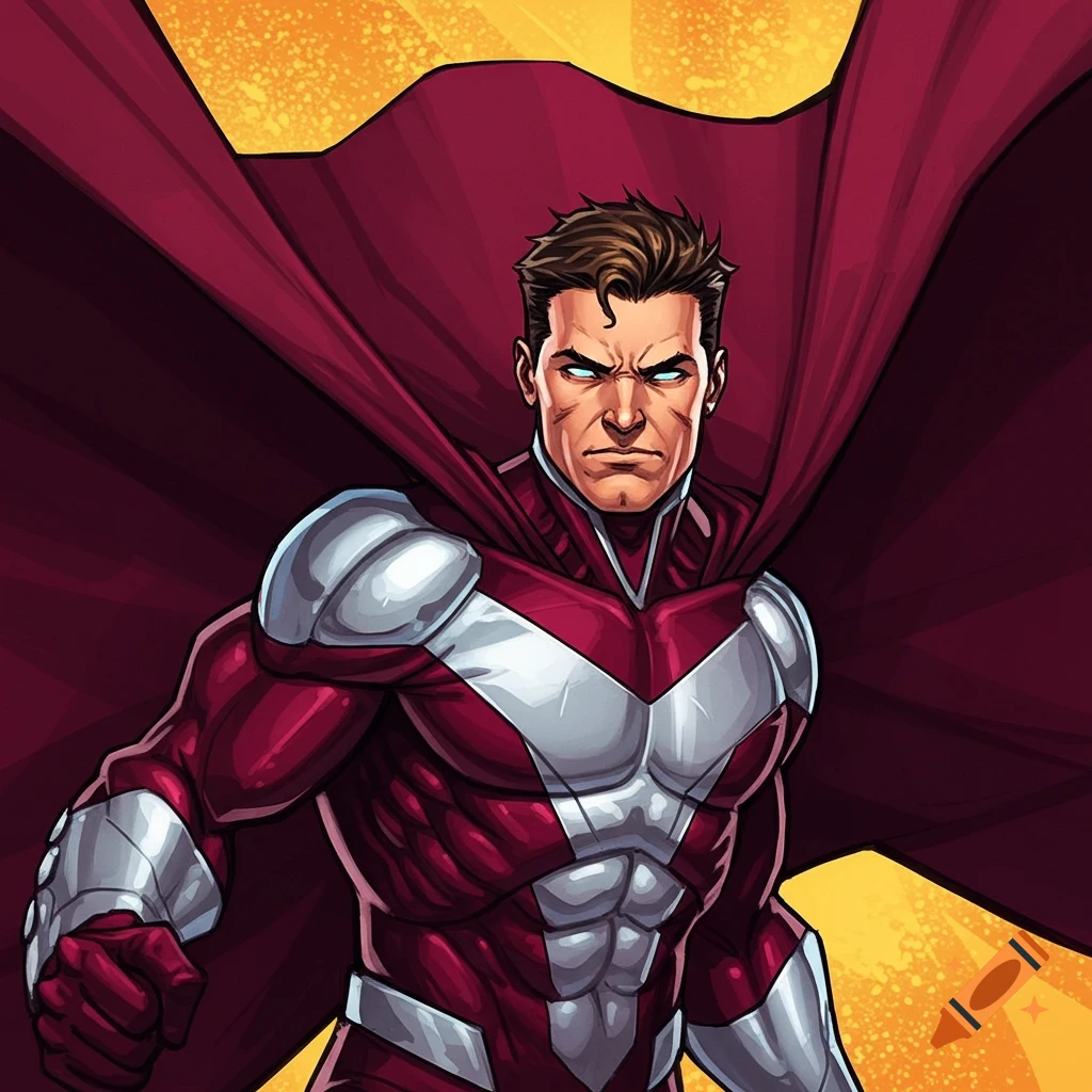 Comic book style close-up portrait of a determined man in a red and silver superhero suit and cape.