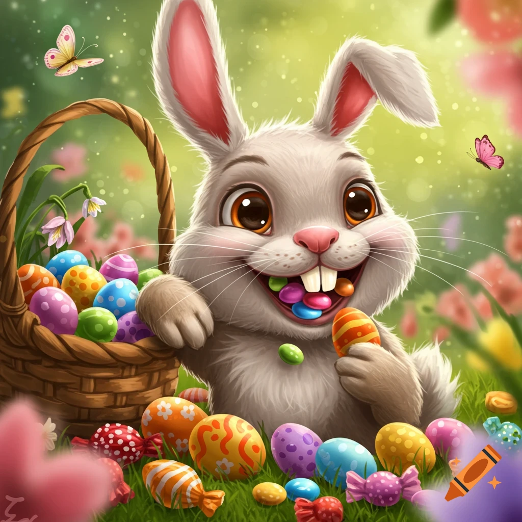 A cartoon Easter bunny sits in a grassy field with a basket of colorful eggs and candy, eating candy.