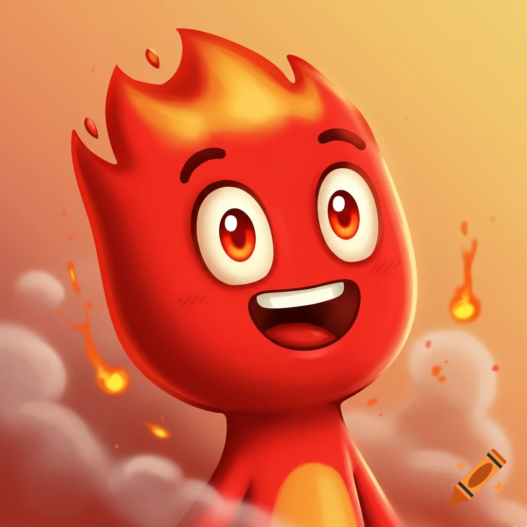 A happy cartoon character made of fire.