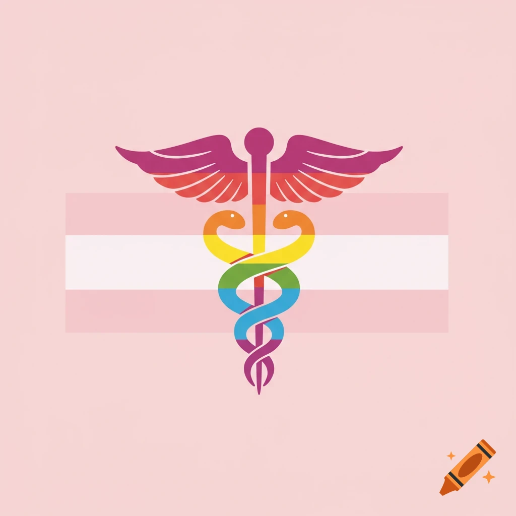 Rainbow colored caduceus symbol over a transgender pride flag.