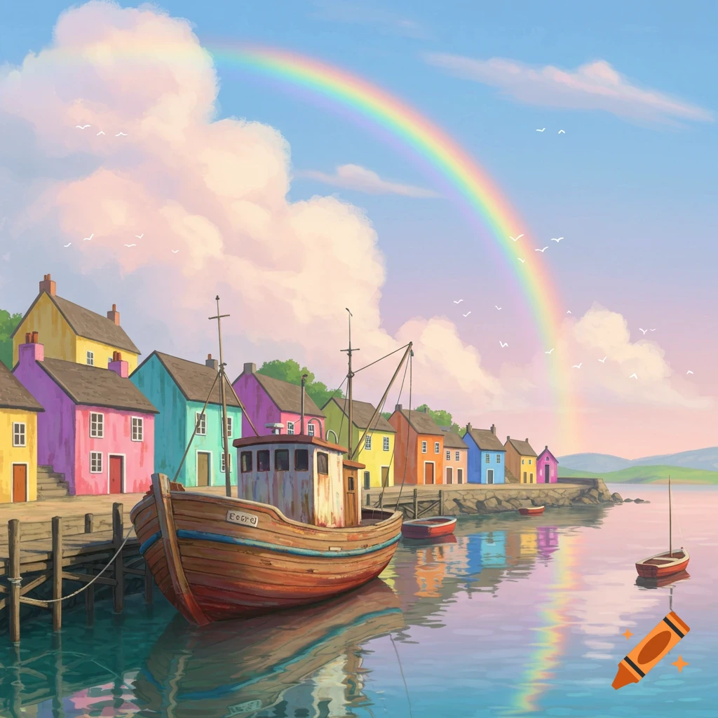 A vibrant harbor town scene featuring a fishing boat and a prominent rainbow.