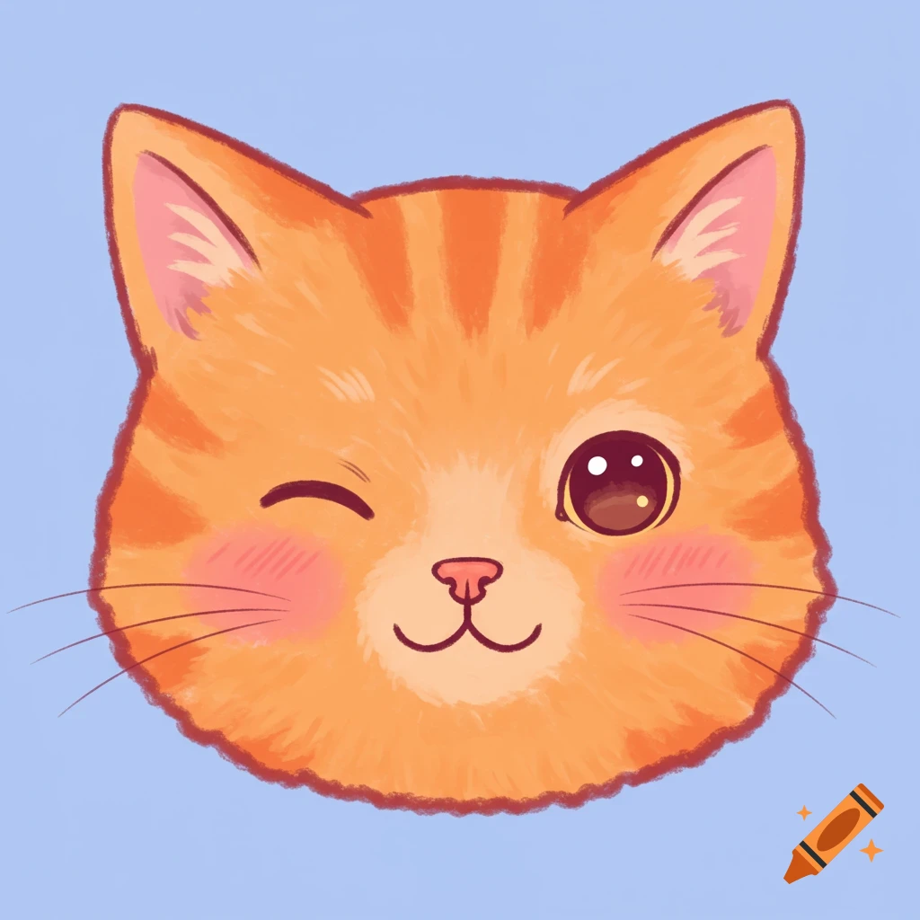 Cute cartoon orange tabby cat face winking with rosy cheeks