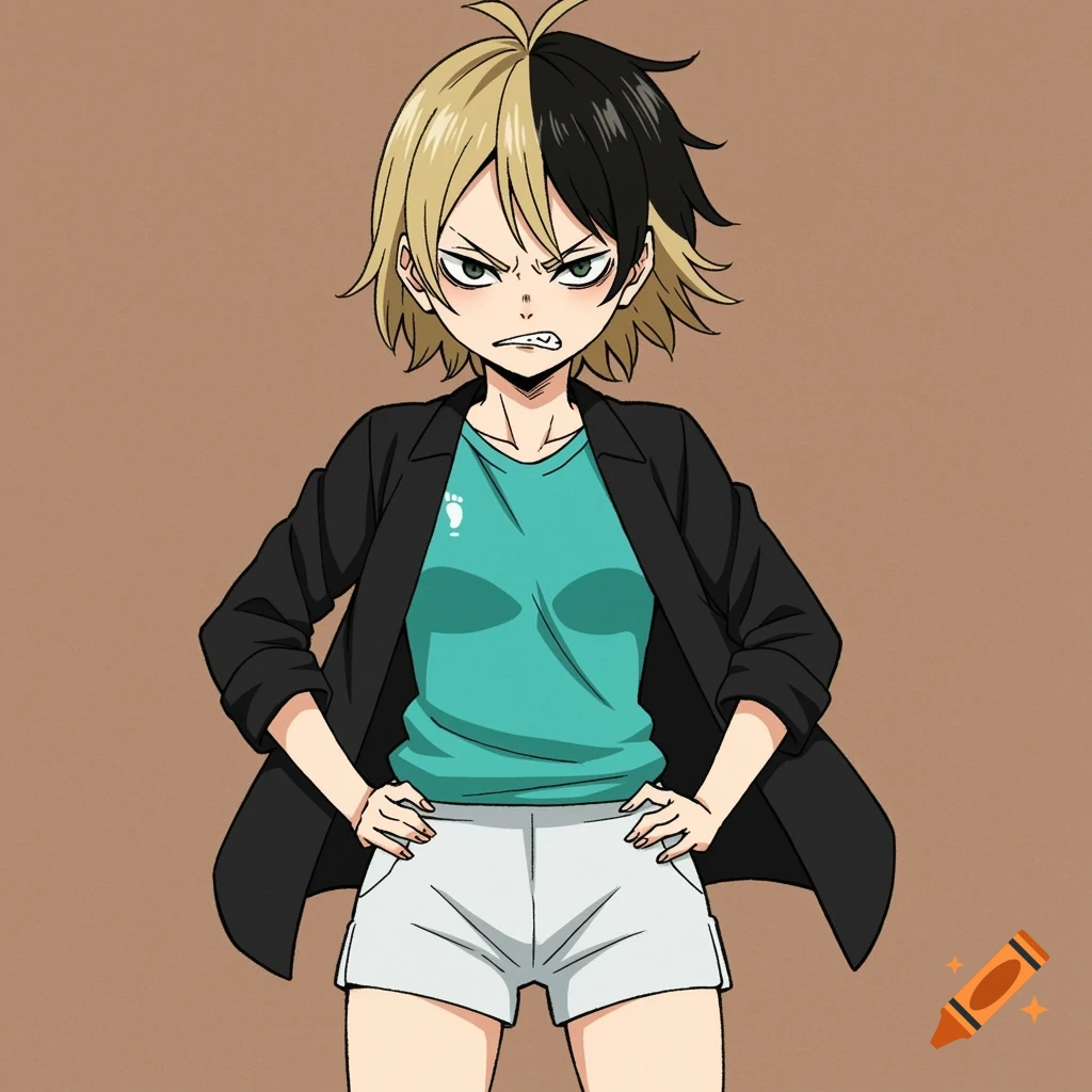 Anime girl with split blonde and black hair, angry expression, wearing a black jacket, teal shirt, and white shorts.