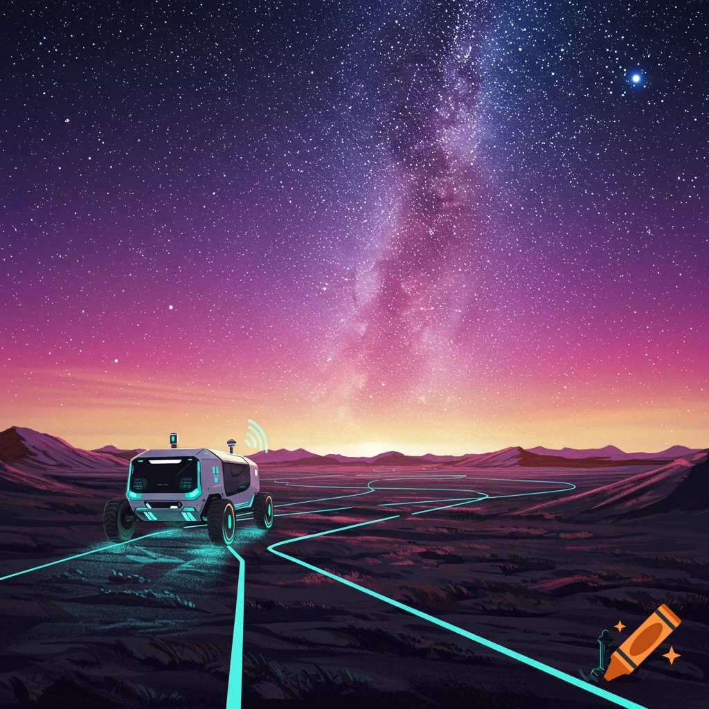 A futuristic rover explores a dark alien landscape, with glowing path lines illuminating its way under a starry sky.