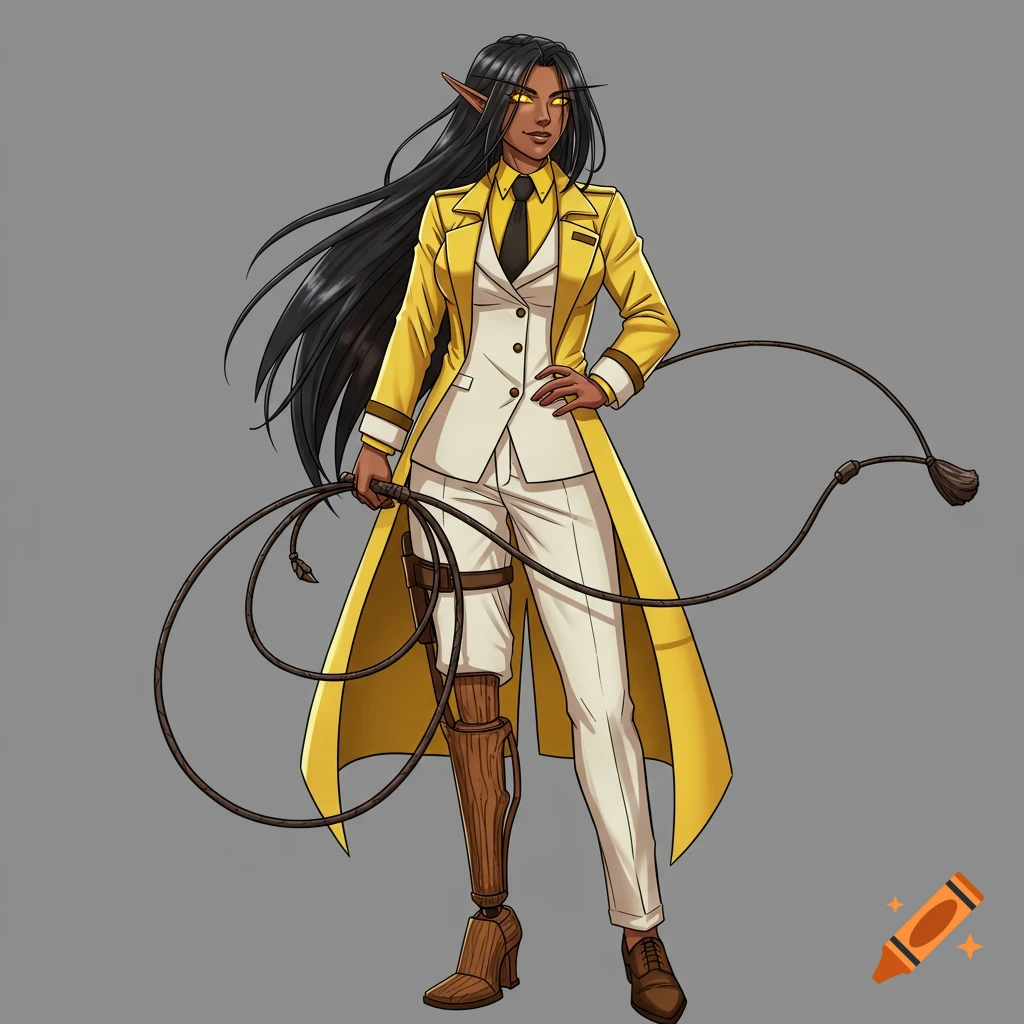 A female elf character with a wooden prosthetic leg, wearing a white suit and yellow jacket, holding a whip, in an illustration style.