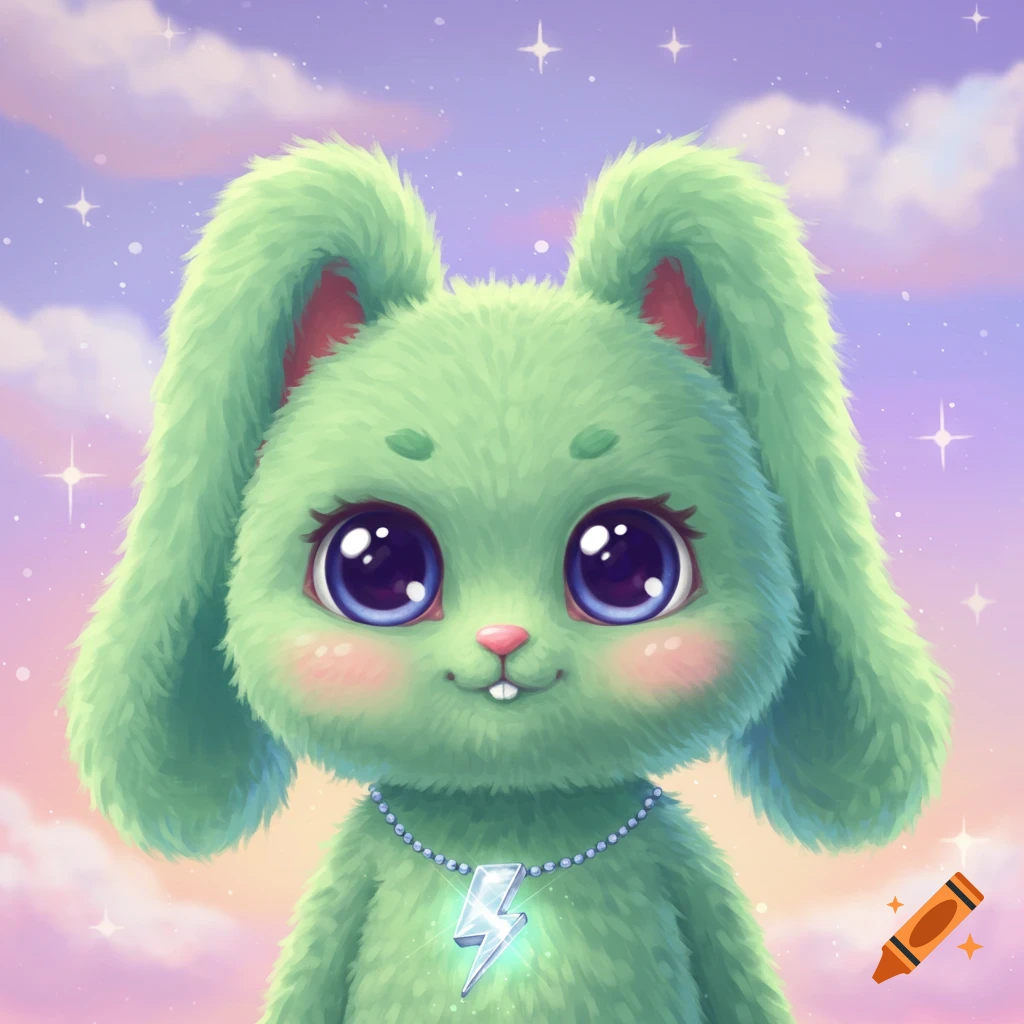 Cute green fluffy bunny with large purple eyes and a lightning bolt necklace in a pastel sky.