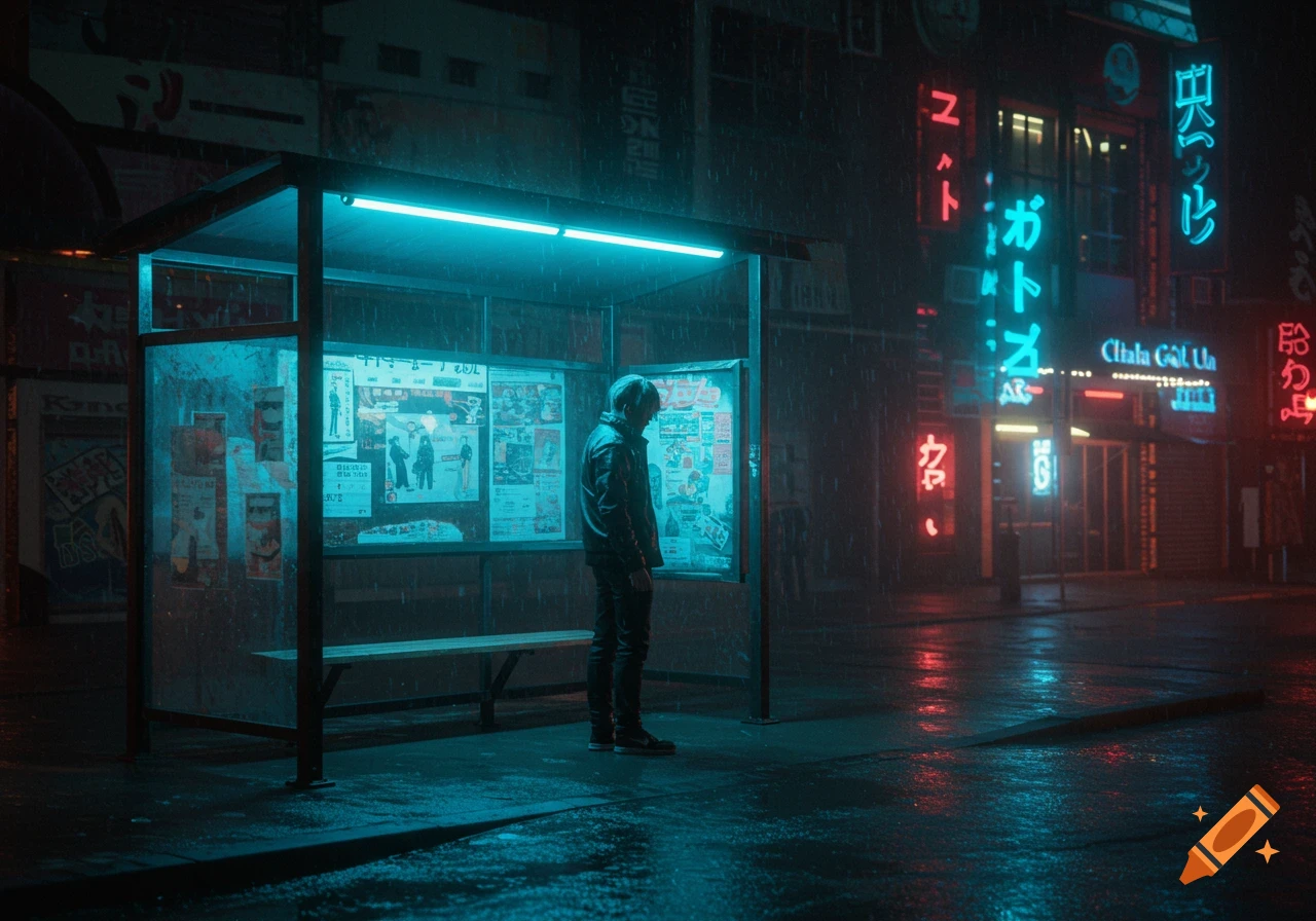 A person stands under a bus stop in a rainy cyberpunk city street at night, lit by neon signs. Anime inspired style.