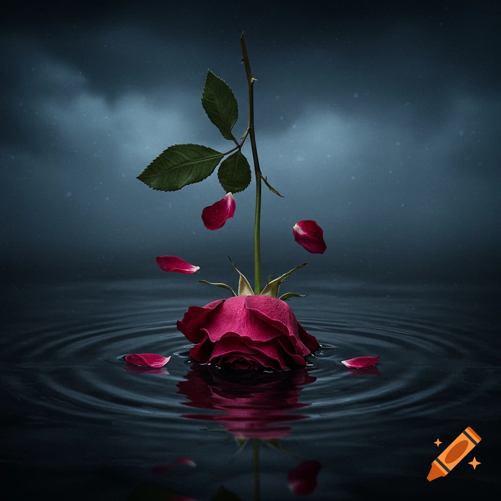 A dark red rose and petals fall into dark water with ripples under a stormy sky.