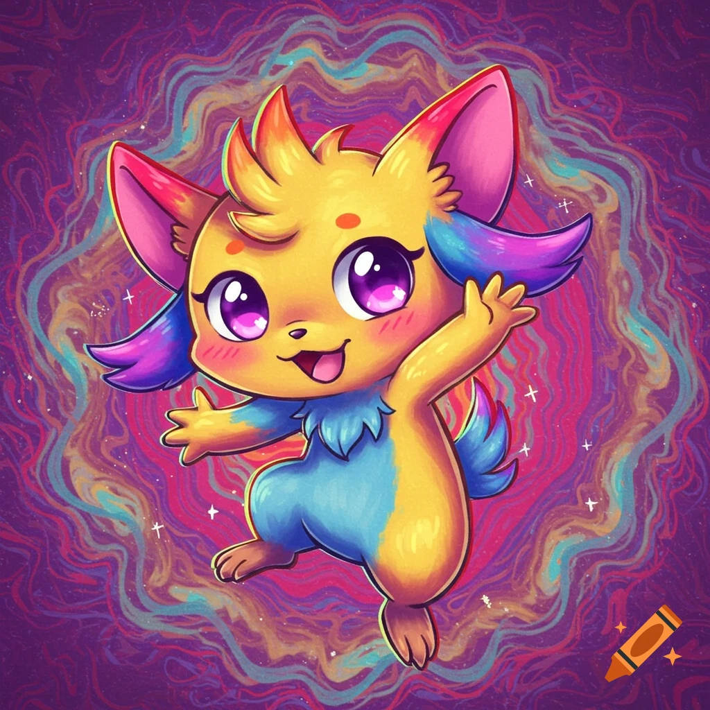 Cute cartoon creature with big eyes, yellow body, blue legs, and colorful ears waving against a purple background with swirling colors and stars.