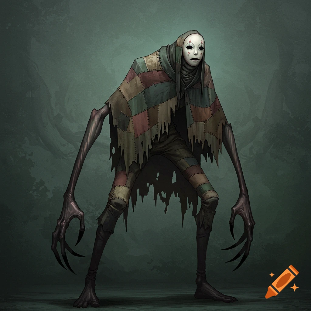 Dark fantasy illustration of a tall, slender monster in a patchwork cloak and mask, with long claws.