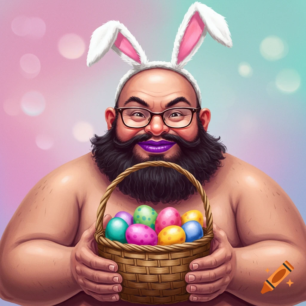 A fat bald man with a beard, glasses, purple lipstick, and bunny ears holding a basket of colorful Easter eggs