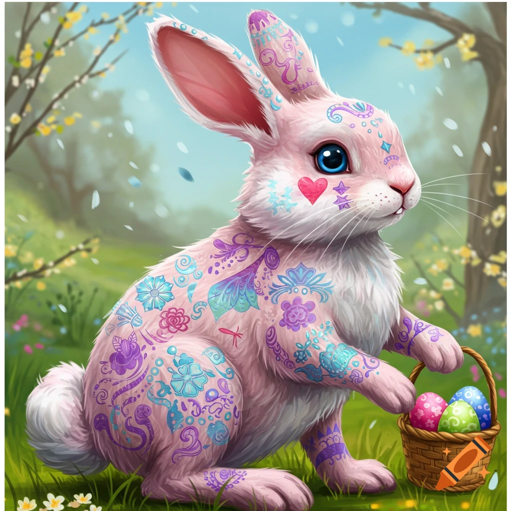 A pink Easter bunny with colorful patterns is holding a basket of eggs in a spring field.