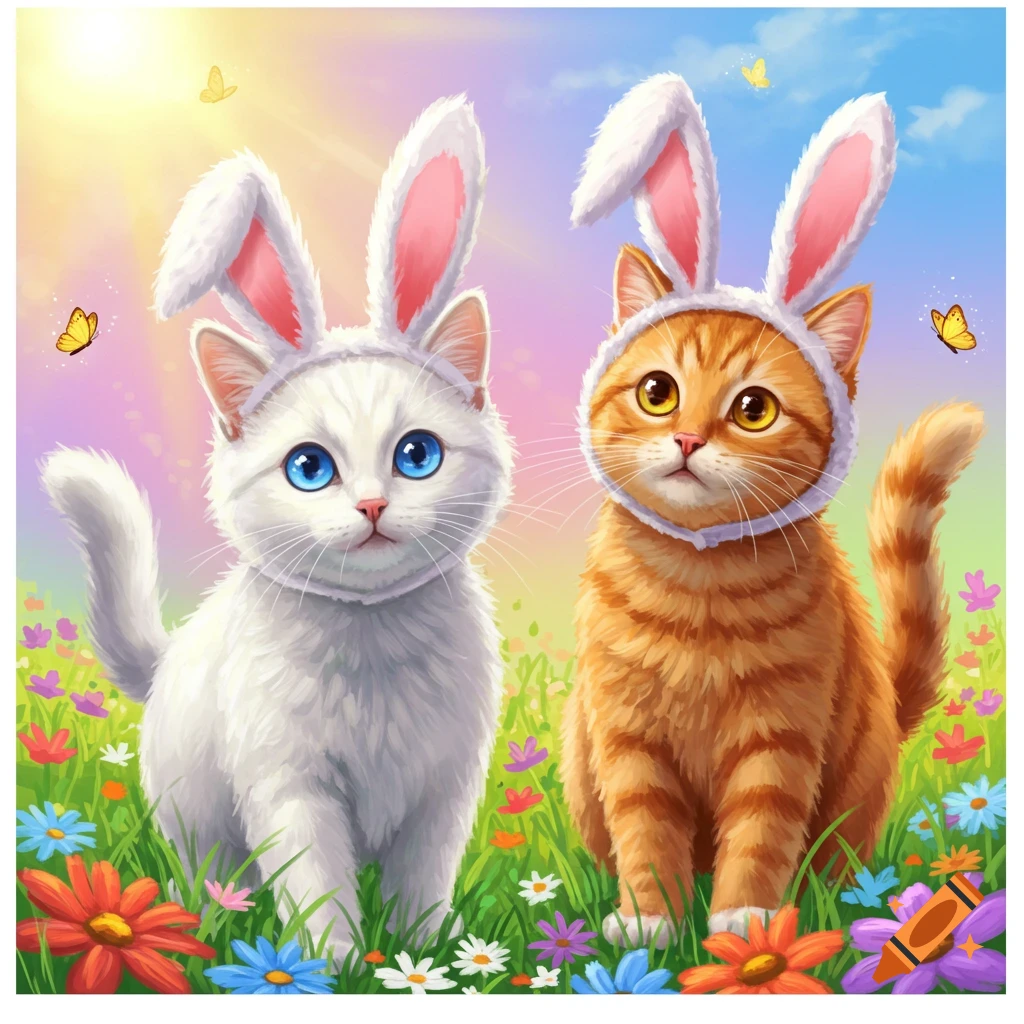 White and orange cats wearing bunny ears sit in a field of flowers under a sunny sky.