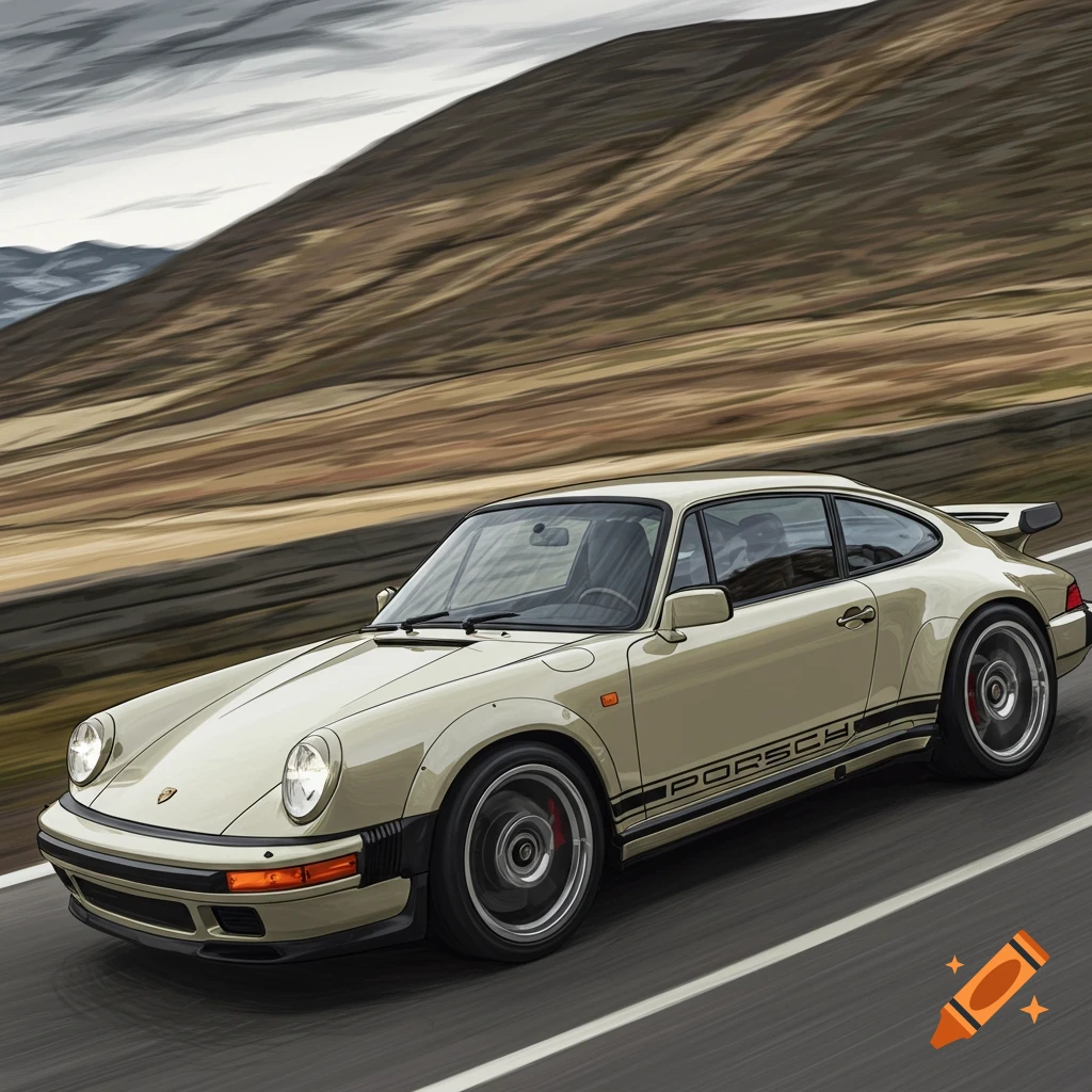 A vintage light-colored sports car is driving on a highway through a landscape.