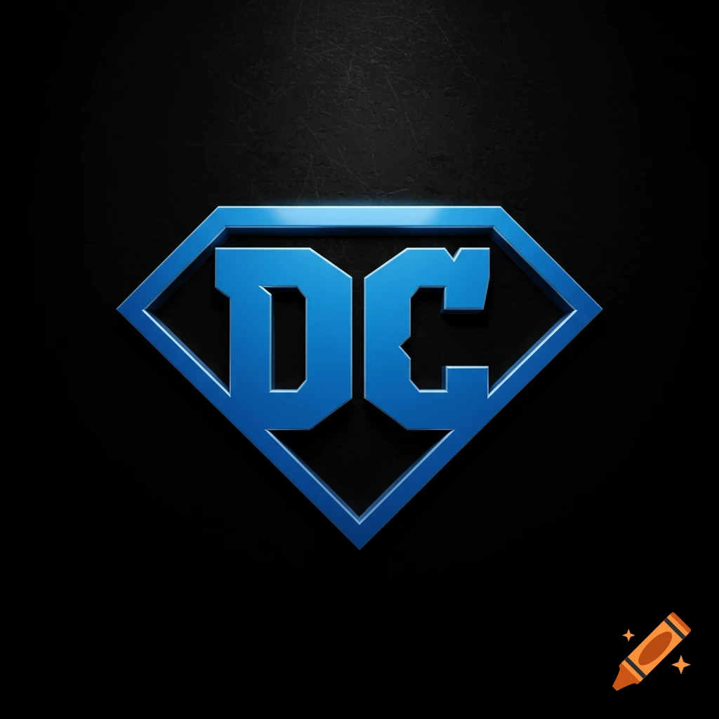 Blue metallic DC logo on a dark textured background