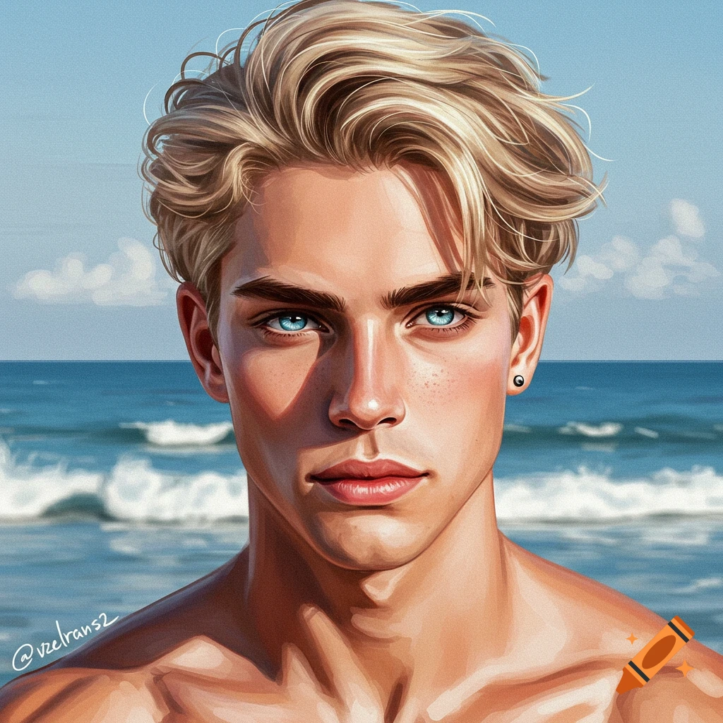 A young man with blonde hair and blue eyes on a beach.