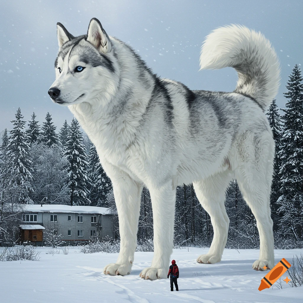 A giant Siberian Husky stands over a tiny person in a snowy forest landscape.