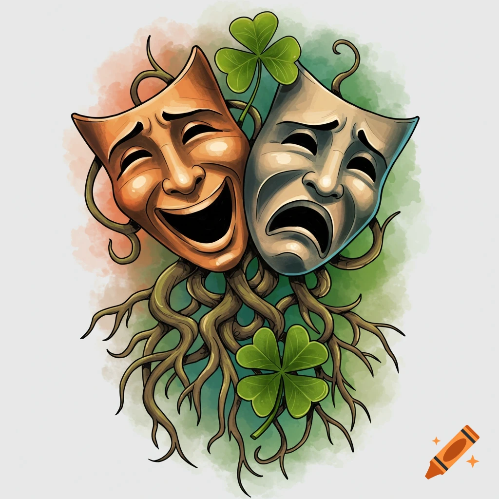 In a tattoo style, comedy and tragedy masks are intertwined with roots and four-leaf clovers.