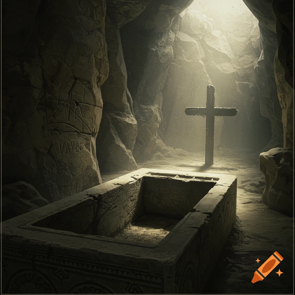 An empty stone tomb rests within a cave, a large cross visible in the distance, bathed in light.