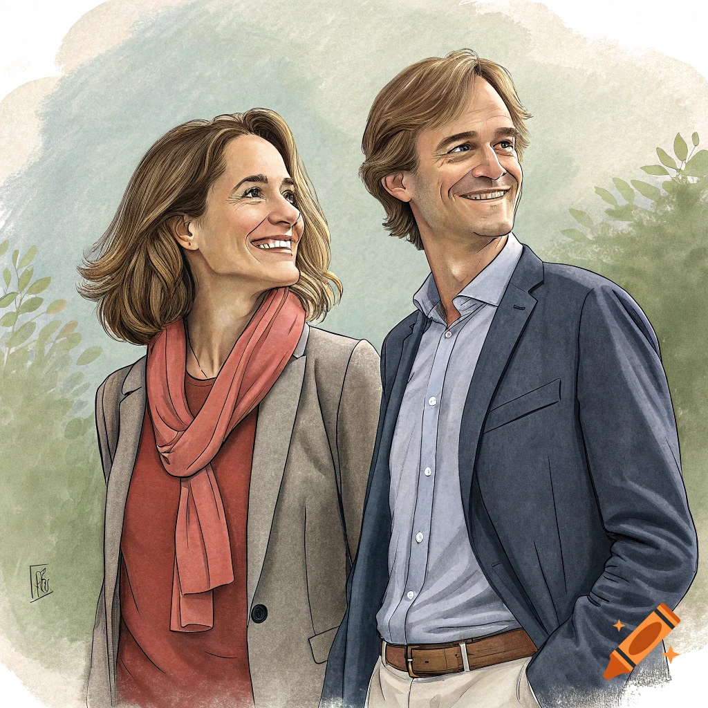 Illustration of a smiling man and woman looking up outdoors