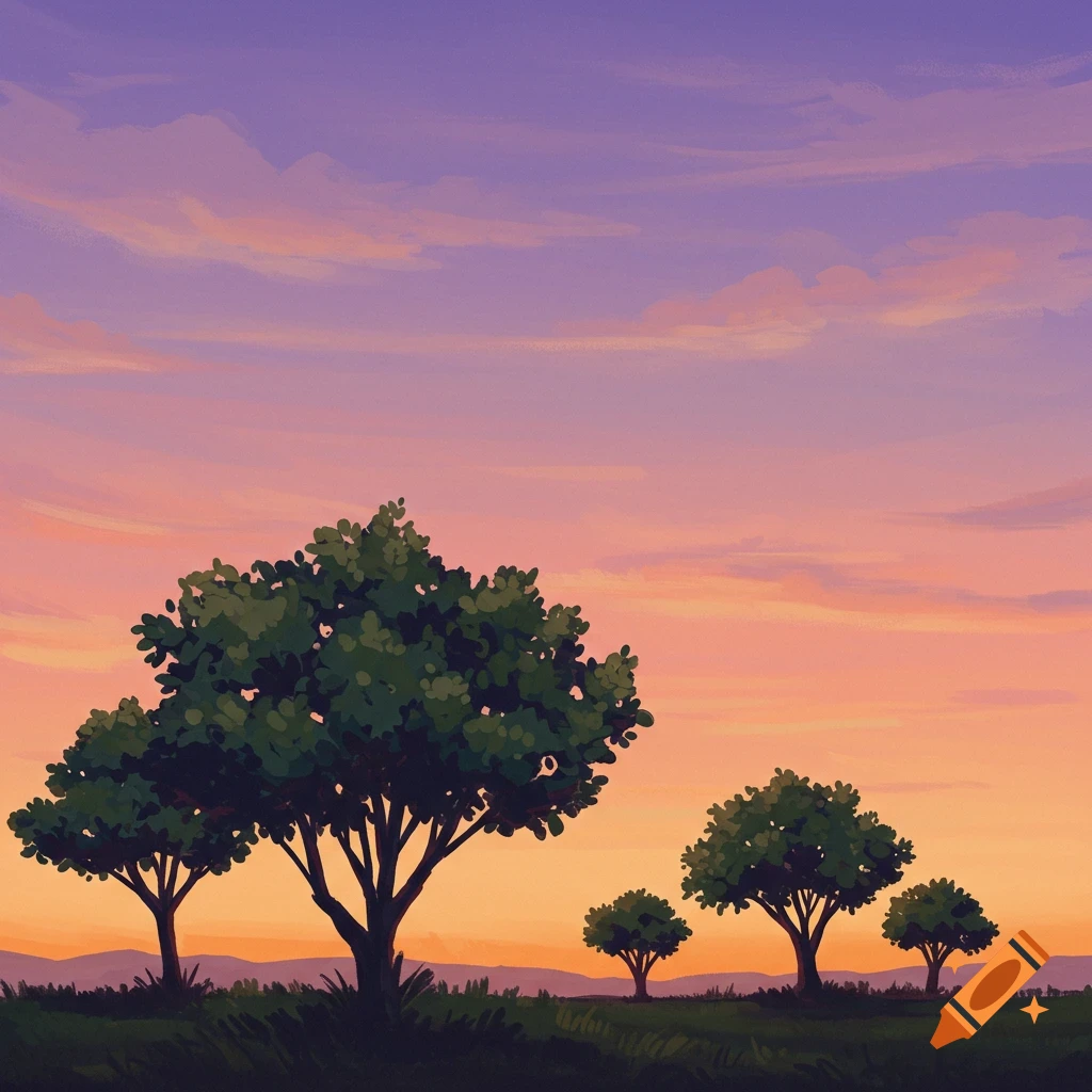 Trees silhouetted against a pastel sunset sky.
